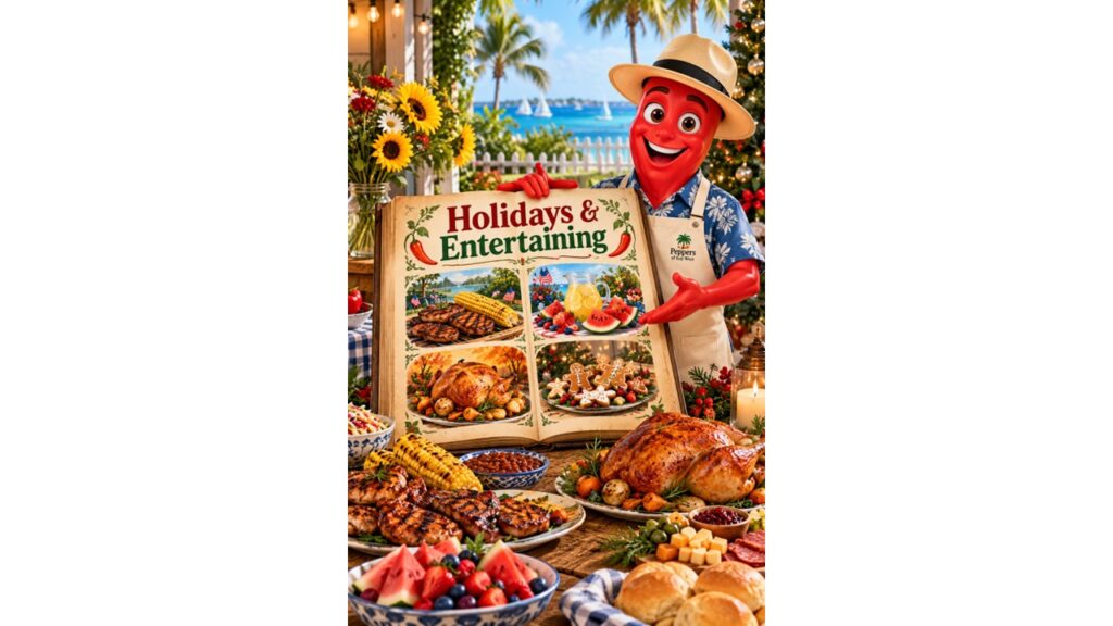 Professor Pepper holding an open Holidays & Entertaining guide featuring Memorial Day BBQ, Fourth of July celebrations, Thanksgiving dinner, and Christmas foods.