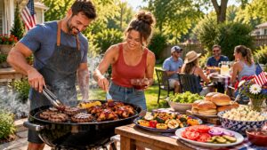 Young couple grilling burgers and barbecue chicken at a Memorial Day backyard cookout with fresh summer sides and friends gathered outdoors.