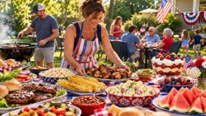 Fourth of July backyard barbecue with grilled chicken, burgers, corn on the cob, summer side dishes, and family celebrating outdoors.