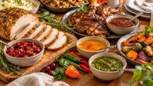 Herb-roasted turkey, grilled barbecue chicken, and roasted vegetables served with cranberry relish, smoky BBQ sauce, sweet pepper sauce, and green herb sauce.