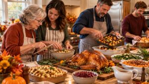 Three generations of a family preparing Thanksgiving dinner together in a warm kitchen, with roasted turkey, stuffing, vegetables, cranberry sauce, and homemade rolls.