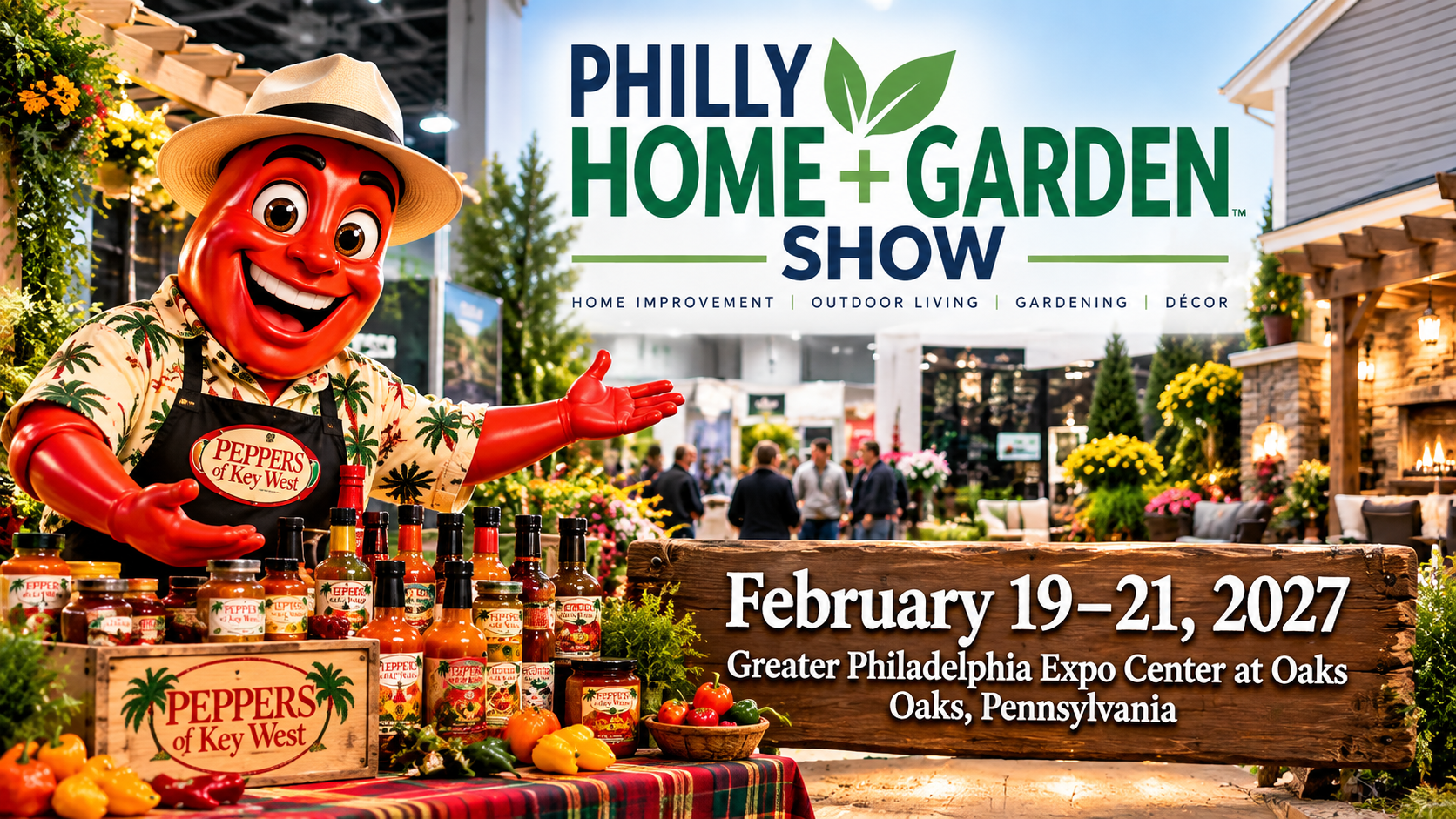 Professor Pepper promoting Peppers of Key West at the Philly Home + Garden Show 2027 in Oaks, PA