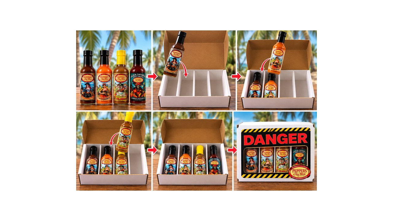 Build Your Own Peppers of Key West 4-Pack showing four hot sauce bottles being selected, placed into a gift box, and packaged in a DANGER gift box.