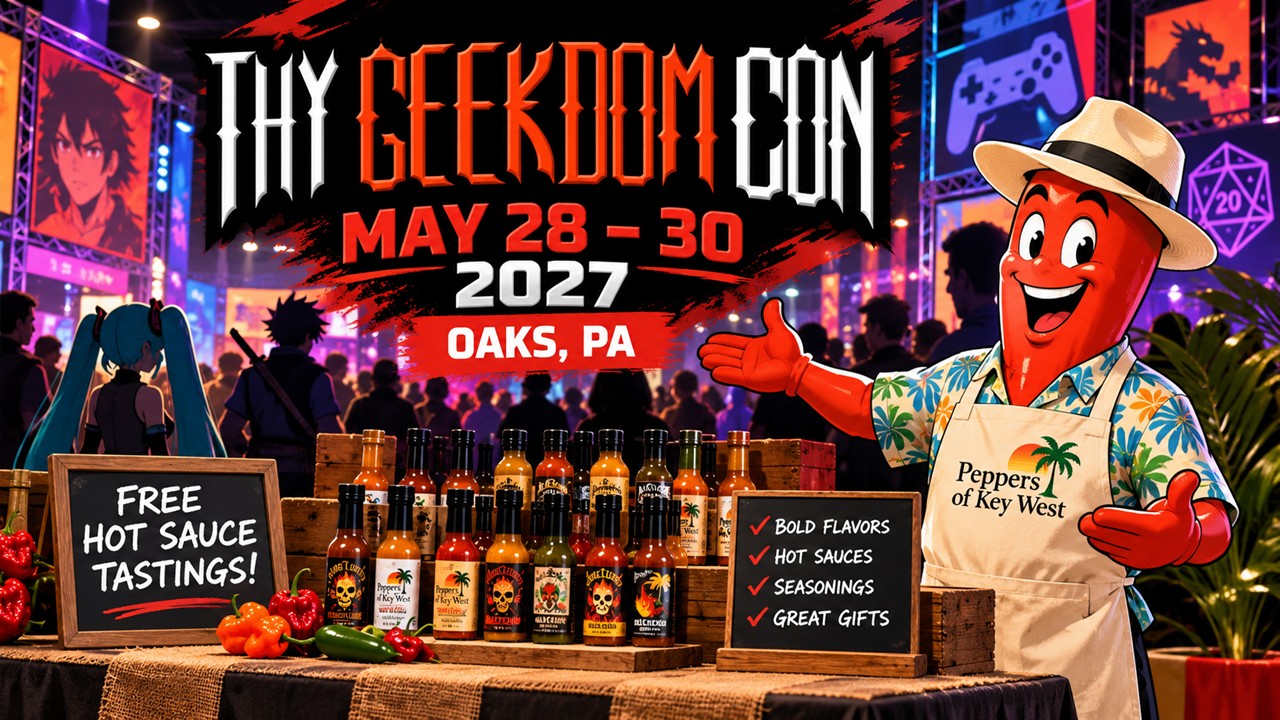 Professor Pepper of Peppers of Key West promoting free hot sauce tastings at Thy Geekdom Con, May 28–30, 2027, in Oaks, Pennsylvania.