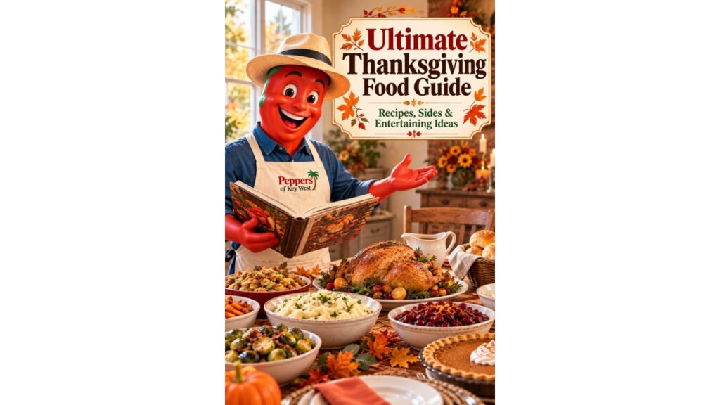 Professor Pepper holding an open cookbook beside a Thanksgiving feast featuring roasted turkey, mashed potatoes, stuffing, cranberry sauce, vegetables, and pumpkin pie.